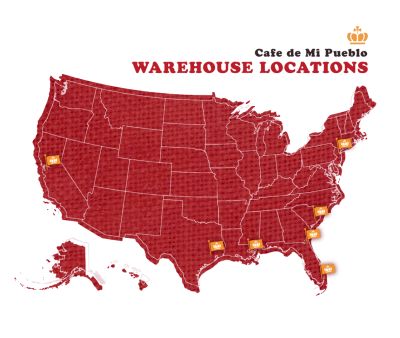 United States map of Cafe De Mi Pueblo warehouse locations